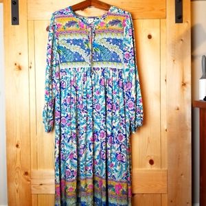This & That Boho Peacock Floral Long Sleeve Pull On Oversized Maxi Dress
